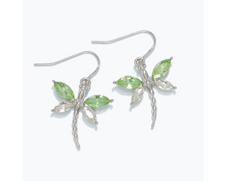 Silver W/ Green + Clear Dragonfly Earrings