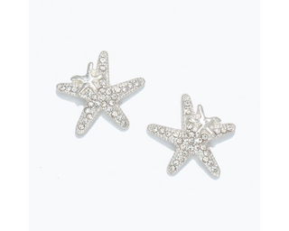 Silver Starfish With Crystals Earrings
