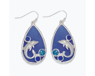 Blue Dolphin Drop + Crystal Earrings