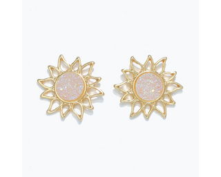 Gold Sun With White AB Druzy Earrings