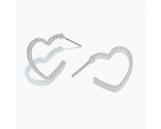 Silver Beaded Heart Hoop Earrings