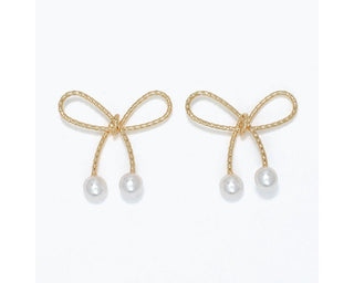 Gold Textured Bow & Pearl Earrings