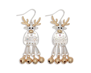 Twotone Reindeer With Bell Earrings