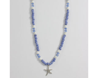 Blue & White Stripe Beaded Starfish Necklace