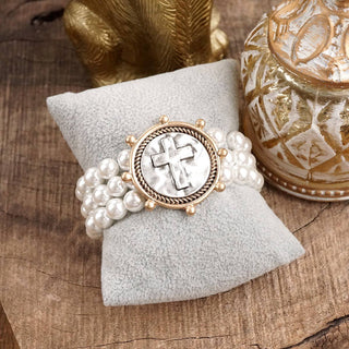 Gracebound Cross Coin & Chunky Pearl 3-in-1 Statement Bracelet