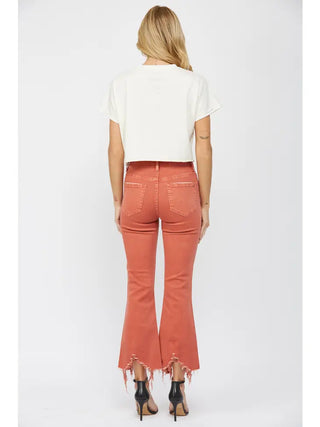 Uneven Hem High Rise Cropped Flare Jeans in Penny