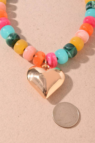 Beaded Puffy Heart Pendant Statement Necklace