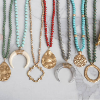 Long Wooden Bead Necklace with gold teardrop-Olive Green