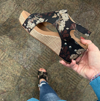 Corkys Carley Wedge in Black Tan Floral