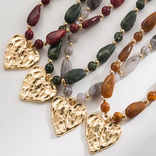Hammered Heart Pendant Resin Beaded Necklace