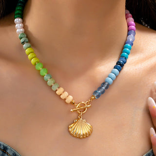 Rainbow Beaded Seashell Charm Necklace