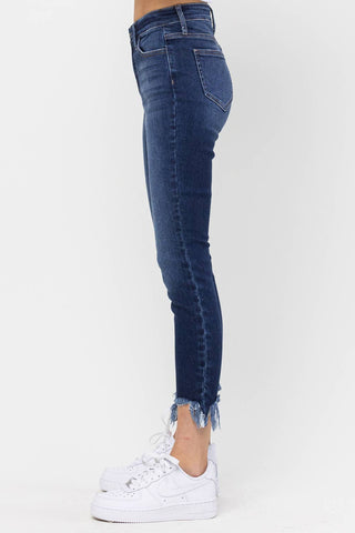 Mid Rise Chew Hem Skinny Jeans In Dark Denim