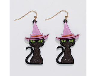 Purr-ple Hat Black Cat Earrings