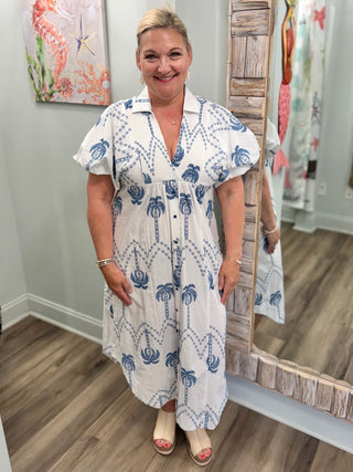 Call It Love Midi Dress in Off White/Blue