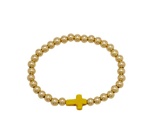 Water Resistant Gold Ball Bracelet With Stone Cross