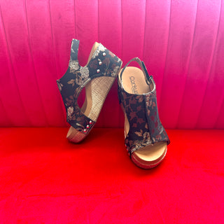 Corkys Carley Wedge in Black Tan Floral