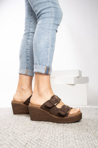 Corky's Double Dare Wedge in Chocolate Faux Suede