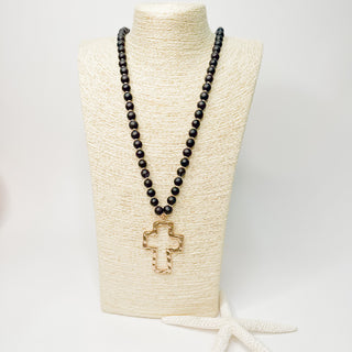 Open Cross Beaded Necklace in Black