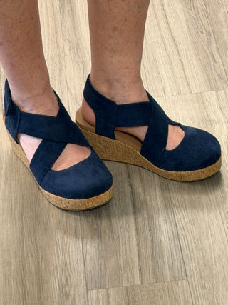 Corkys Case Closed Wedge Sandals In Navy Faux Suede
