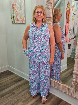 Resort Ways Blouse & Pant Set in Aqua Pink