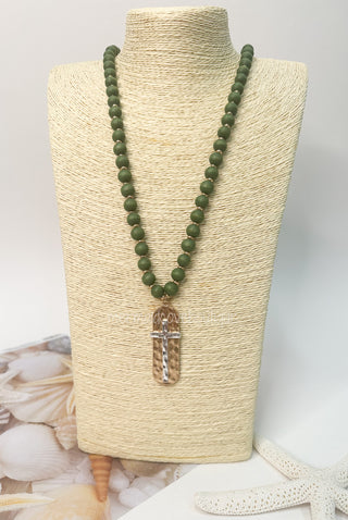 Beaded Cross Necklace in Olive