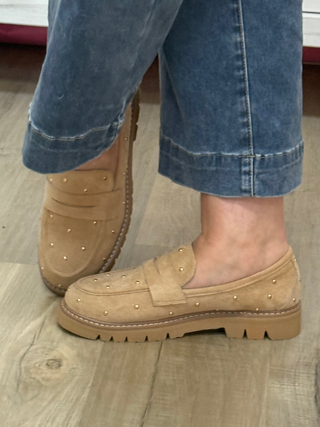 Corkys Stud Muffin Loafers In Sand Faux Suede