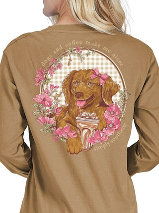 Dogs & Coffee Make Me Nicer Long Sleeve T-Shirt in Bisque