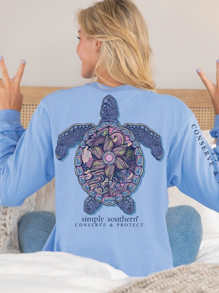 Mandala Sea Turtle Long Sleeve Tee In Carolina Blue