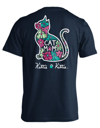 Floral Cat Mom Kittie Short Sleeve T-Shirt in Navy
