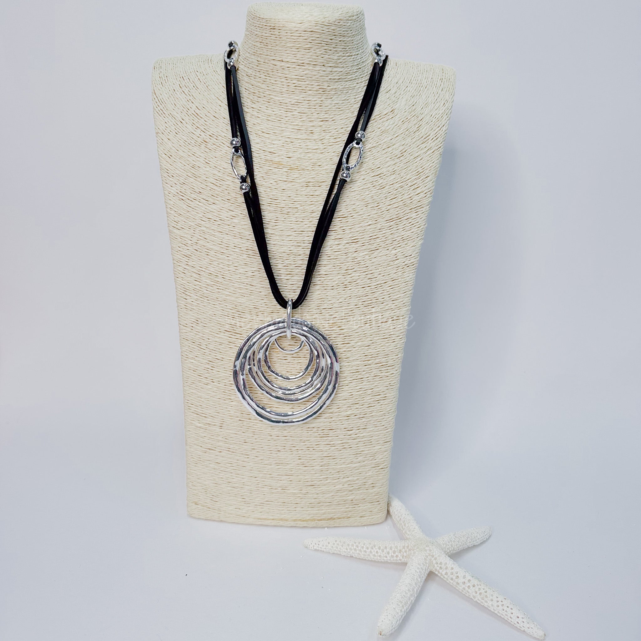 Double Circle Hollow Leather Cord Necklace. Long Necklace with Big
