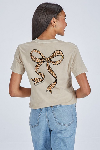 Leopard Bow Mineral Washed Tee In Washed Ecru