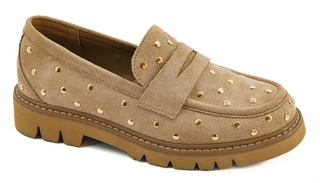 Corkys Stud Muffin Loafers In Sand Faux Suede
