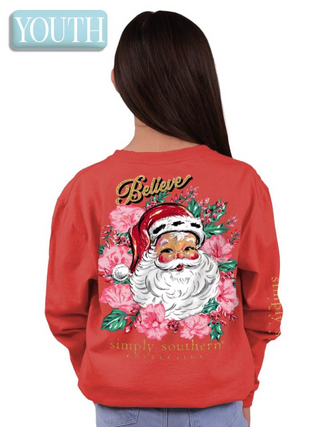 Youth Floral Believe Santa Long Sleeve Crewneck In Red