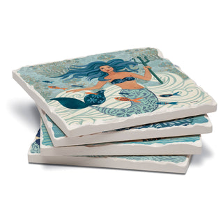 Mermaid Island Assorted Image Tumbled Tile Coaster 4 Pack