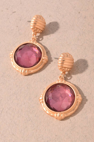 Faceted Round Stone Textured Gold Drop Earrings