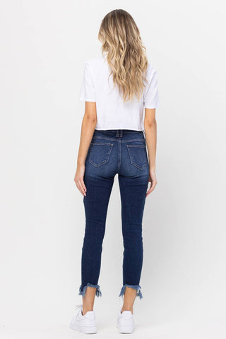 Mid Rise Chew Hem Skinny Jeans In Dark Denim