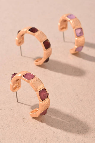 Faceted Stone & Hammered Metal Hoop Earrings
