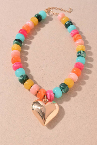 Beaded Puffy Heart Pendant Statement Necklace