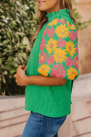 LDC Floral Print Puff Sleeve Button Back Fill Neck Blouse: Bright Green / L