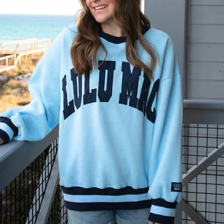 Lulu Mac Social Society Crewneck in Light Blue/Navy
