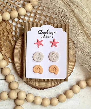 Beach Clay Earrings: Large Shell w/Pearl Post