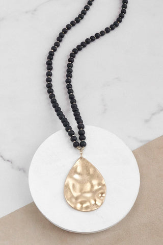 Long Wooden Bead Necklace with gold teardrop - Black