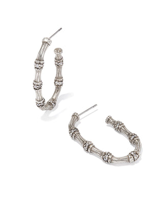 Maura Bamboo Hoop Earrings In Vintage Silver White Crystal