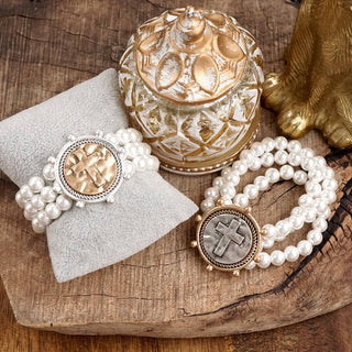 Gracebound Cross Coin & Chunky Pearl 3-in-1 Statement Bracelet