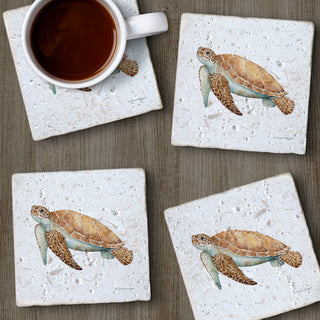 Sea Turtle 4 Pack Natural Shell Stone Absorbent Coasters