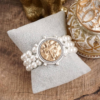 Gracebound Cross Coin & Chunky Pearl 3-in-1 Statement Bracelet