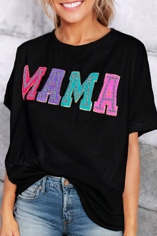MAMA Chenille Patched Crew Neck T Shirt White or Black