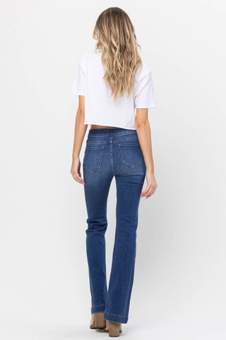 Jelly Classic Mid Rise Pull On Flare Jeans In Dark Denim