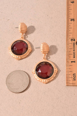 Faceted Round Stone Textured Gold Drop Earrings