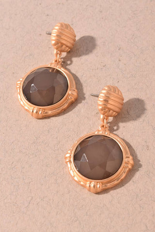 Faceted Round Stone Textured Gold Drop Earrings